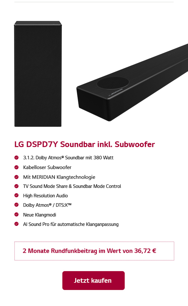 Jetzt die LG DSPD7Y Soundbar plus Subwoofer im EURONICS Shop kaufen.